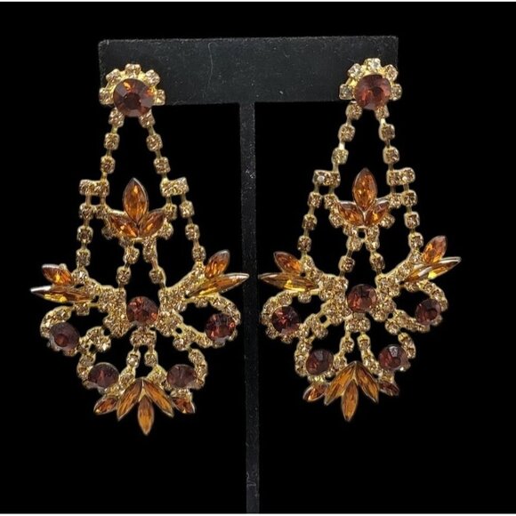 Amber & Gold-Tone Rhinestone Chandelier Earrings Vintage Runway Style Pierced - Picture 1 of 16